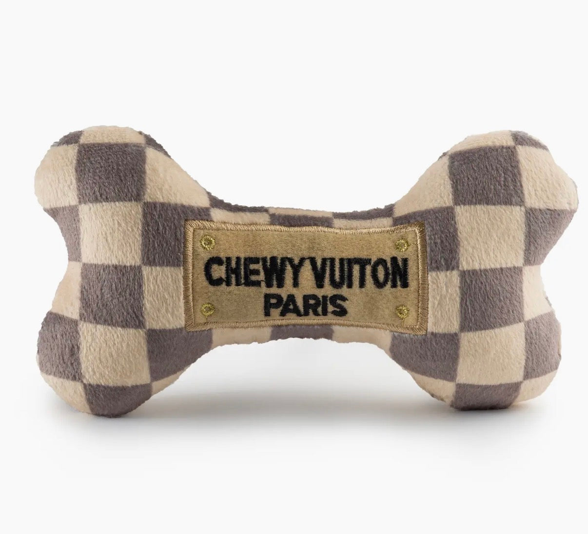Checker Chewy Vuiton Bones Squeaker Dog Toy