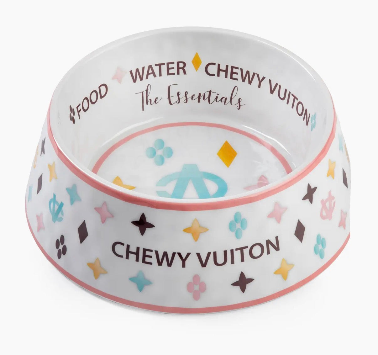 White Chewy Vuiton Dog Bowl