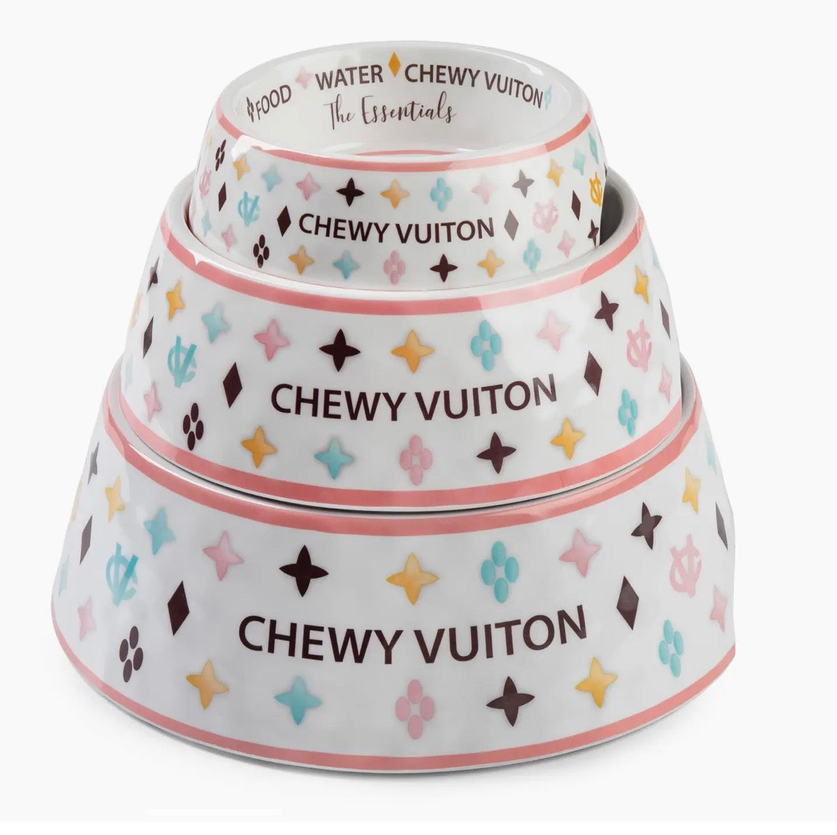 White Chewy Vuiton Dog Bowl