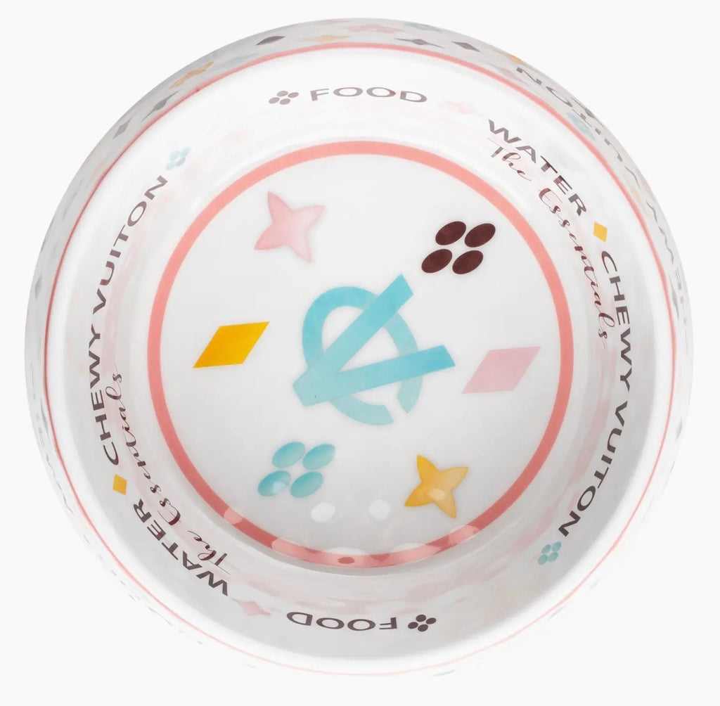 White Chewy Vuiton Dog Bowl