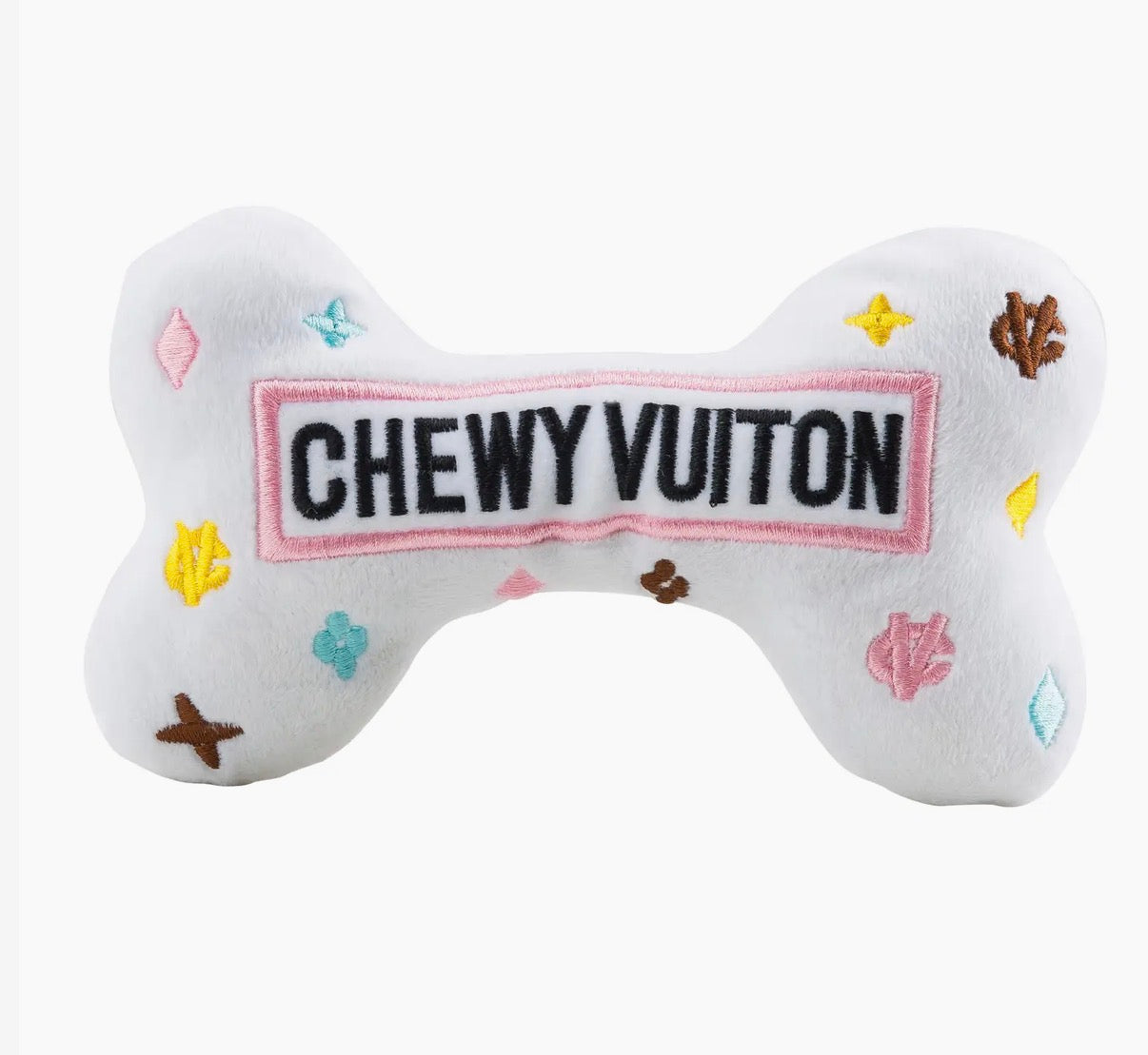 White Chewy Vuiton Bones Squeaker Dog Toy
