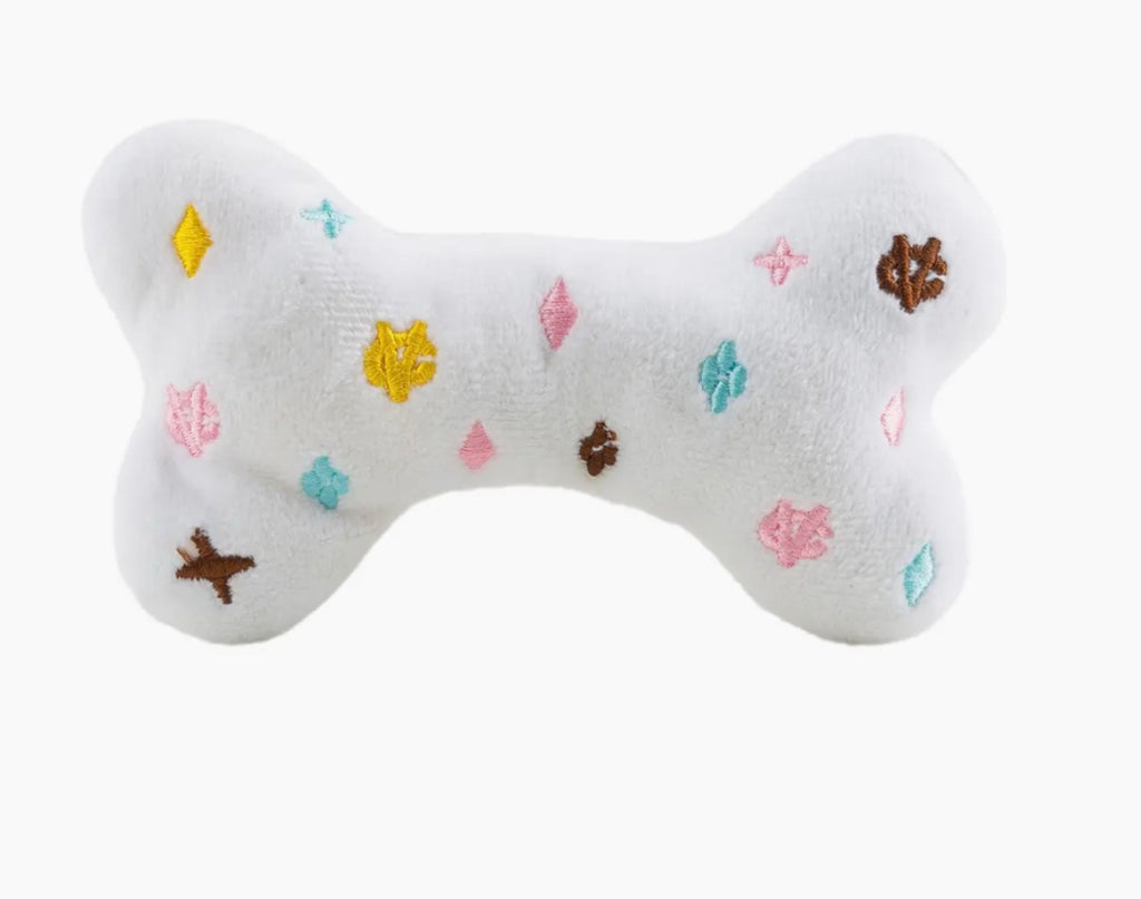 White Chewy Vuiton Bones Squeaker Dog Toy