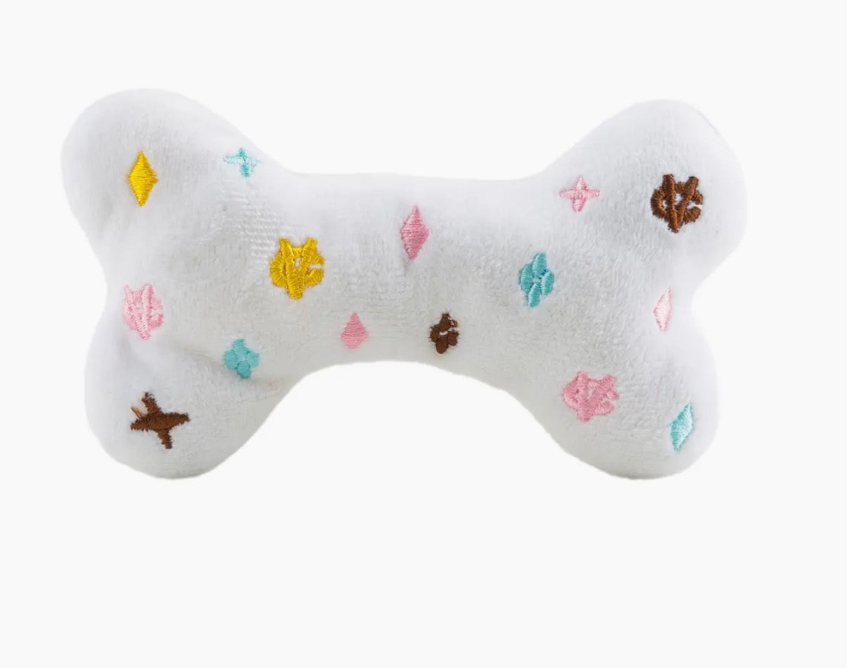 White Chewy Vuiton Bones Squeaker Dog Toy